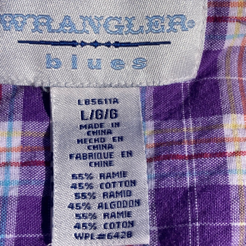 Wrangler Blues Western Shirt purple plaid Pearl snaps long sleeve size large - Picture 9 of 11